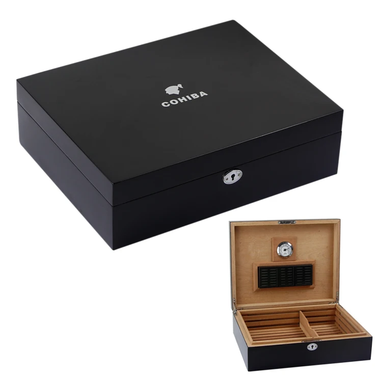 COHIBA Cedar Wood Humidor Home Large Cigar Storage Box Black Piano