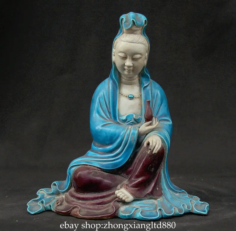 

8" Chinese Colour Porcelain Seat Kwan-yin Guan Yin Goddess Bottle Sculpture