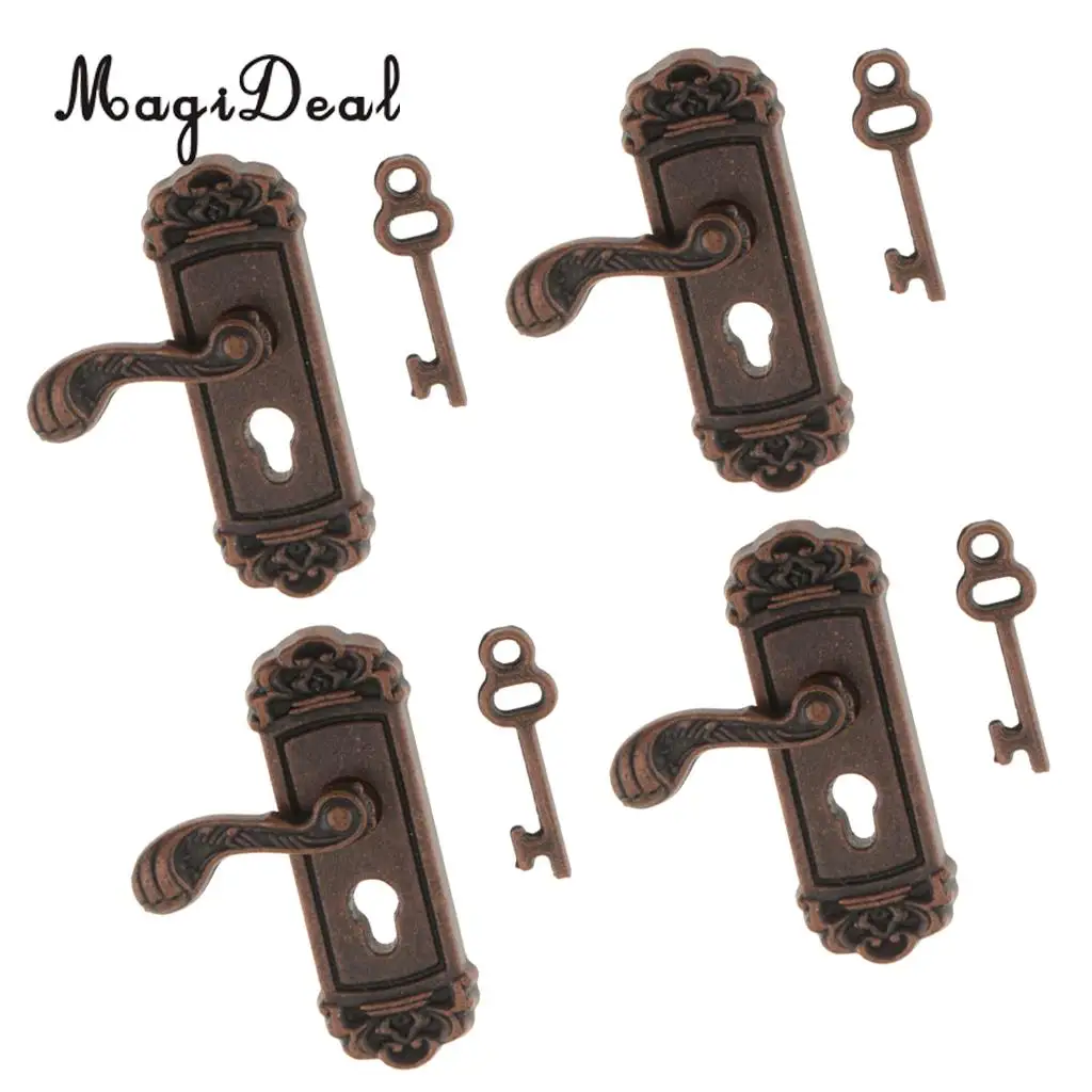 8 Pieces 1/12 Scale Dollhouse Miniature Vintage Door Locks Keys Right Left Handles DIY Scene Accessories