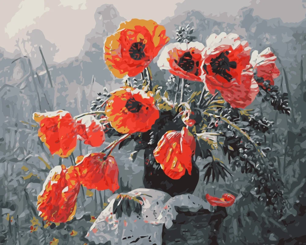 MaHuaf i545 poppies flower DIY oil coloring by numbers on canvas paint