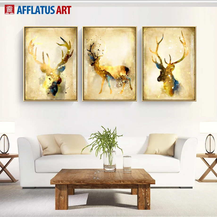 AFFLATUS Decoration Painting Nordic Golden Deer Canvas Painting Wall Canvas Art Pints Wall Pictures For Living