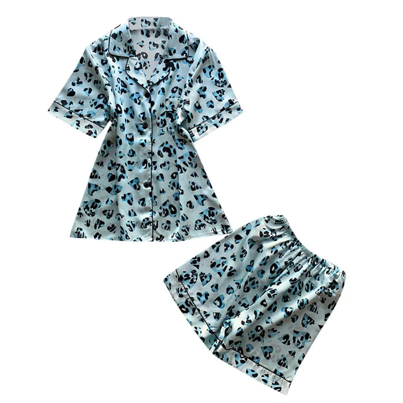 Для женщин 2 шт. летние пижамы короткий рукав шорты для свободная Пижама домашняя одежда летний комплект шифоновое платье 40mi01 - Цвет: Синий