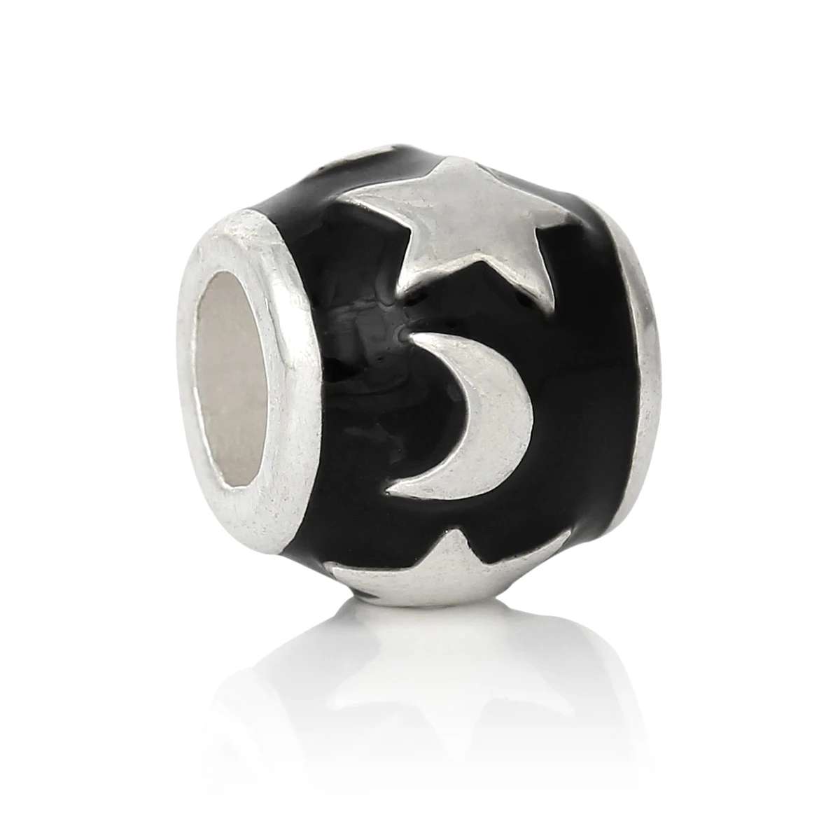 

European Style Charm Zinc alloy Beads Barrel Black Silver Plated MoonEnamel About 12mm Dia,Hole: Approx 5.3mm,1 Pc new