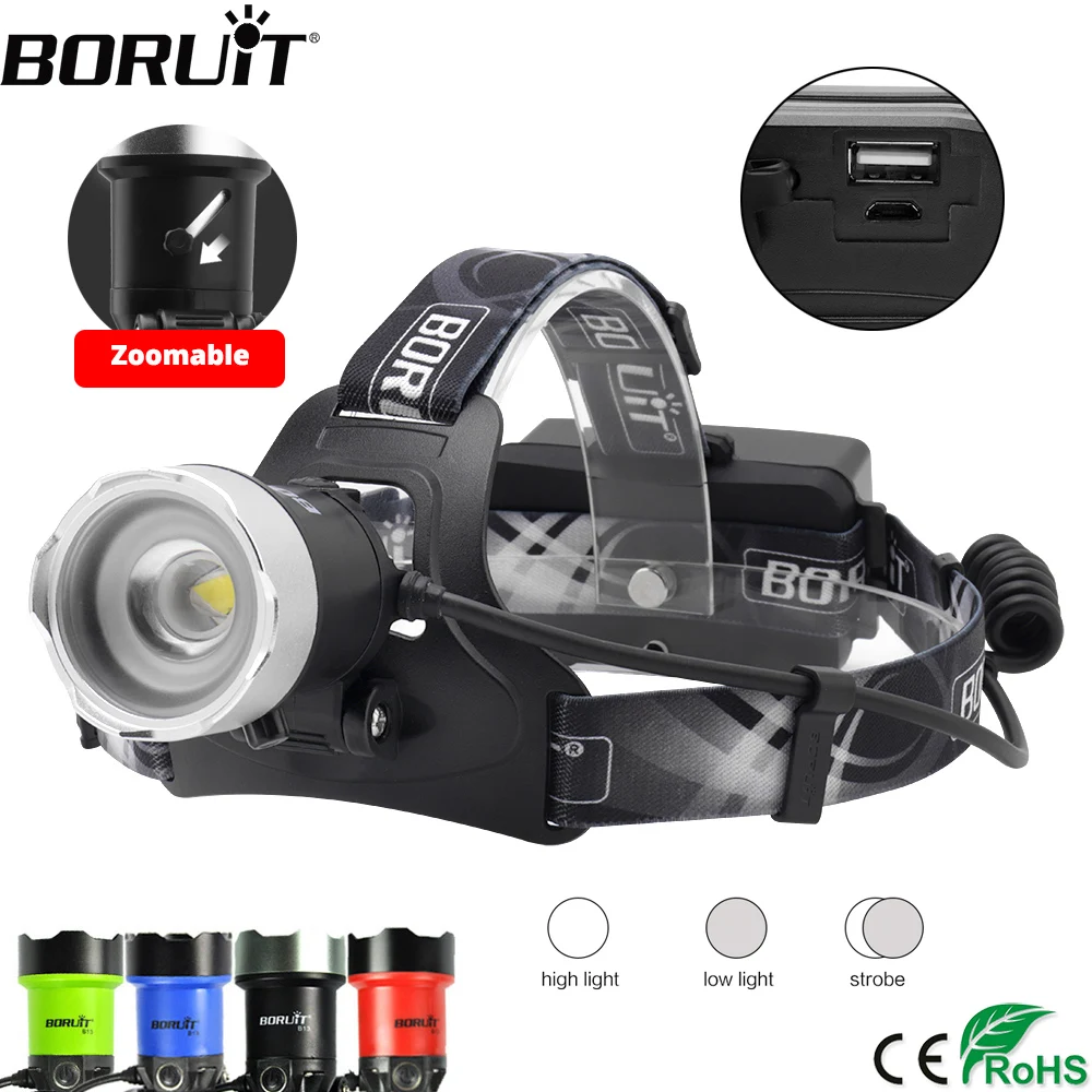 

Boruit 2000LM XM-L2 LED Headlight 3-Mode Zoom Headlamp USB Rechargeable Power Bank Head Torch Fishing Hunting Frontal Lamp 18650