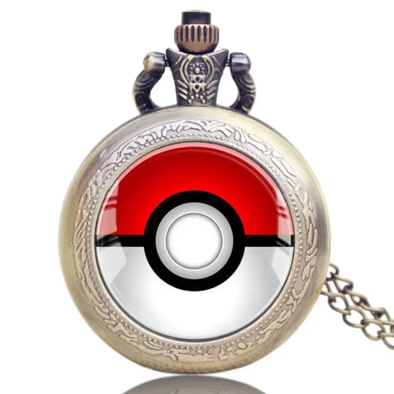 

Vintage Pokemon Go Theme Elf Ball Design Pocket Watch Quartz Pokeball Necklace Women Mens Chdren Gift