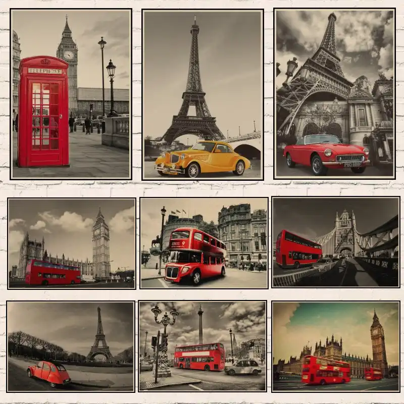 London City Eiffel Tower Paris Street Bus Travel Vintage Retro Eiffel Tower Paris Street Bus