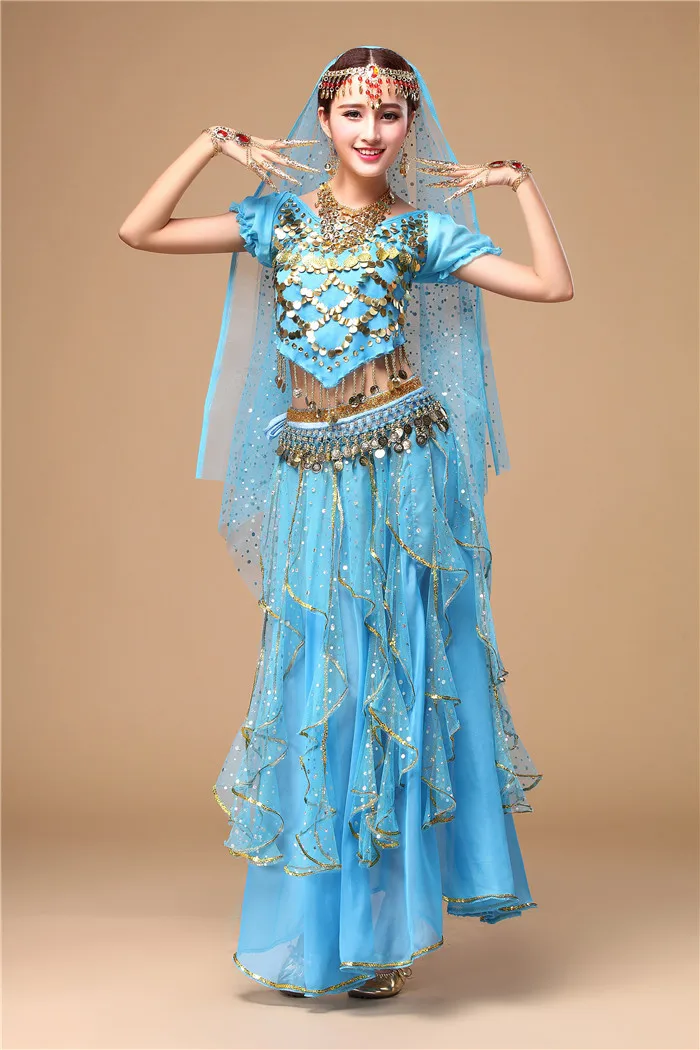 Сексуальный набор костюма для танца живота 5 шт(топ+ юбка+ пояс+ повязка на голову+ вуаль) Болливуд/индийские танцевальные костюмы одежда для танца живота