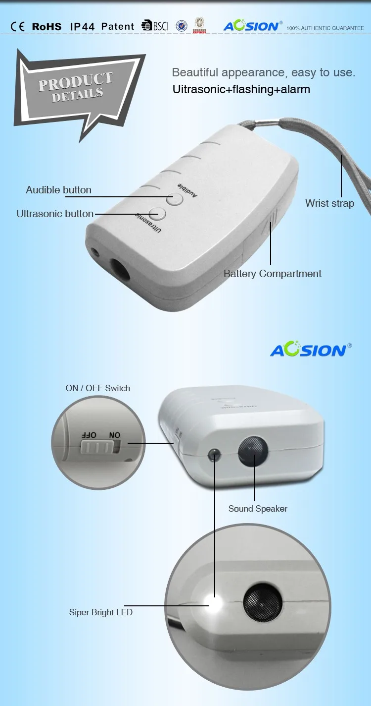 2 шт. X Aosion Высококачественная портативная ультразвуковая, на батарейках ошейник "Собачий тренер" с светодиодный фонариком для наружного использования