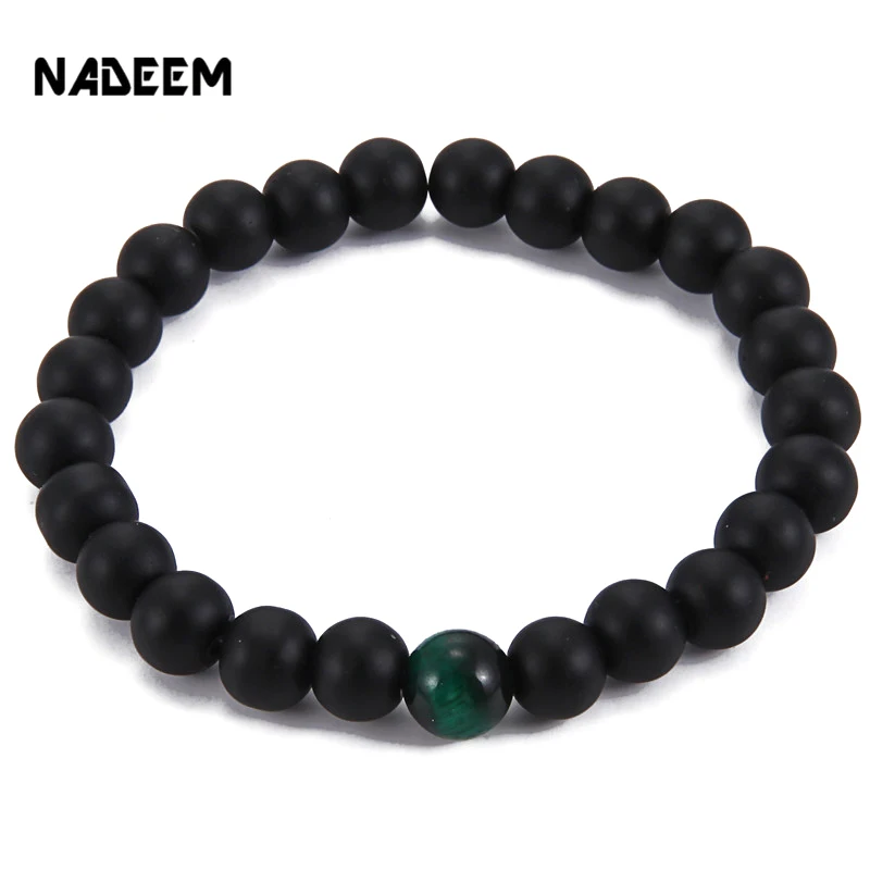 

Women Men Bracelet Black Matte Onyx And Green Tiger Eye Stone Bracelet Engary Stones Mala Bead Elastic Bracelet ND2700