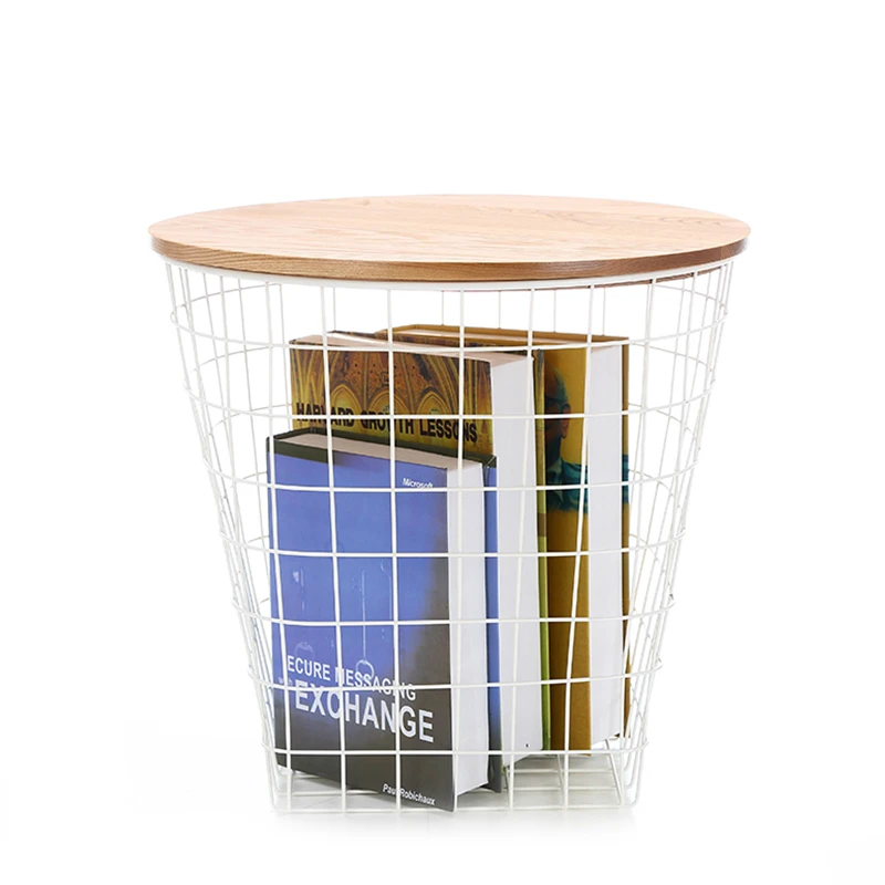 Metal iron wire storage tea table with wood top spot iron tea basket table multifunction net storage table Metal iron wire storage tea table with wood top spot iron tea basket table multifunction net storage table