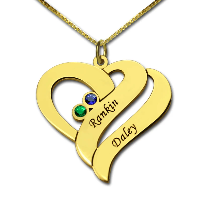 

AILIN Personalized Two Name Hearts Necklace Gold Color Engraved Initial Hearts Pendant with Birthstone Dainty Necklace For Mom