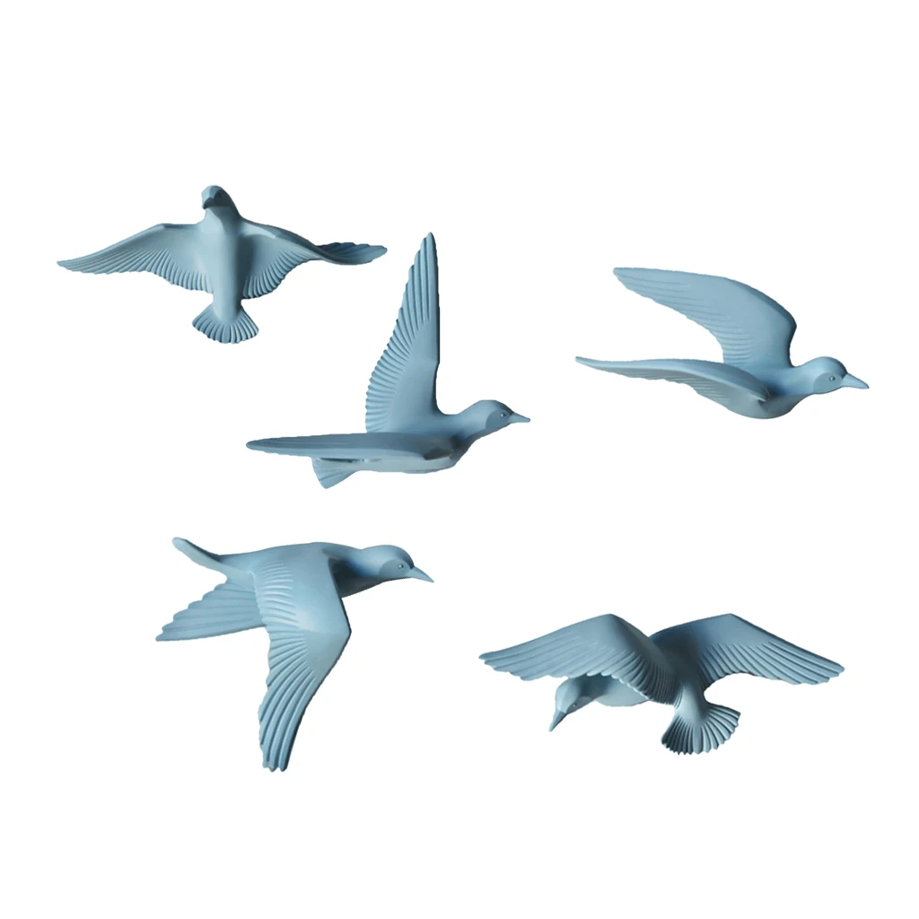 5pcs Nautical Resin 3D Birds Wall Art Murals Flying Seagull Sculpture Bedroom Wall Stickers DIY Home Hotel Decor Blue