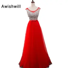 Real Long Red Prom Dresses Scoop Neck Sparkly Beadings Tulle Floor Length Fashion Women Occasion Party Dresses Vestido Longo
