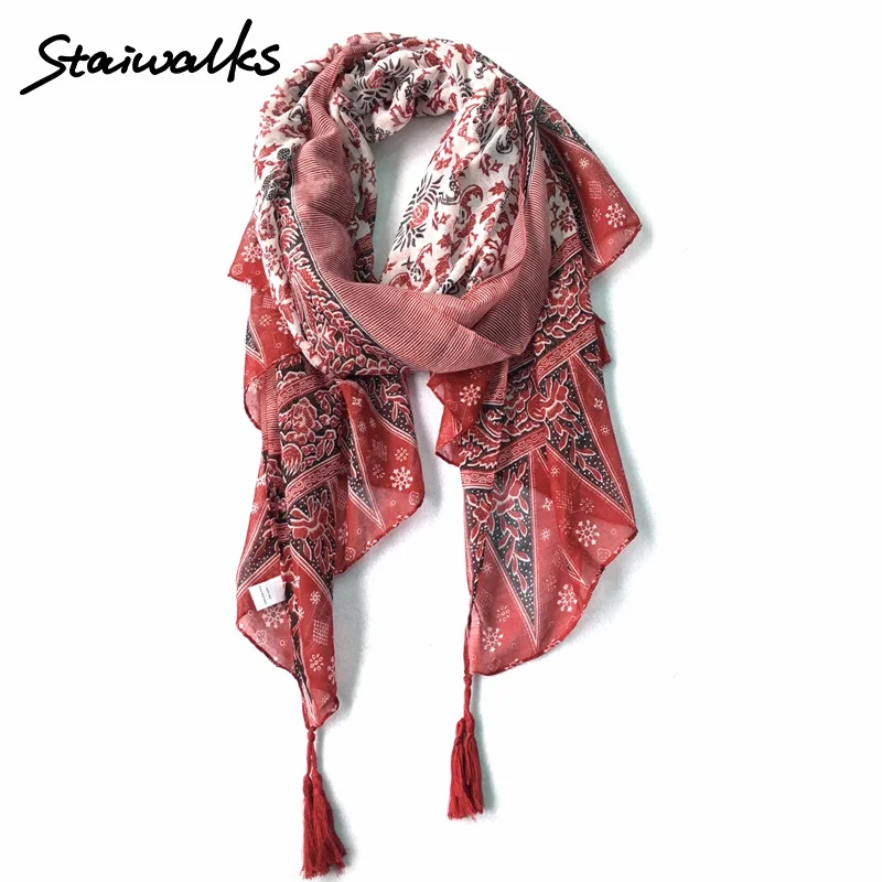 Staiwalks Brand Design Polyester 90*180cm Red Scarf With Tassels For