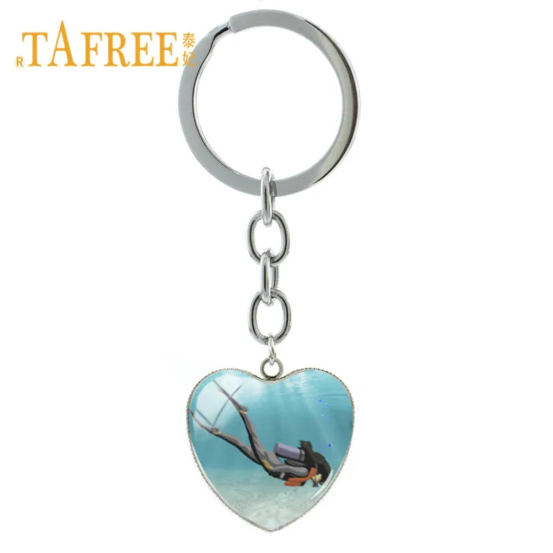 

TAFREE High Quality Diving Diver Key Chain Key Rings Holder Gift Wetsuit Scuba Diving Picture Heart Shape Jewelry DI04