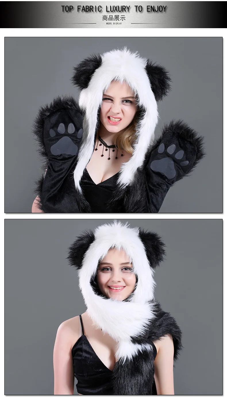 Шапка из искусственного меха животных Европа и Америка Aliex Мода панда шляпа шарф Перчатки из трех частей мультфильм cap