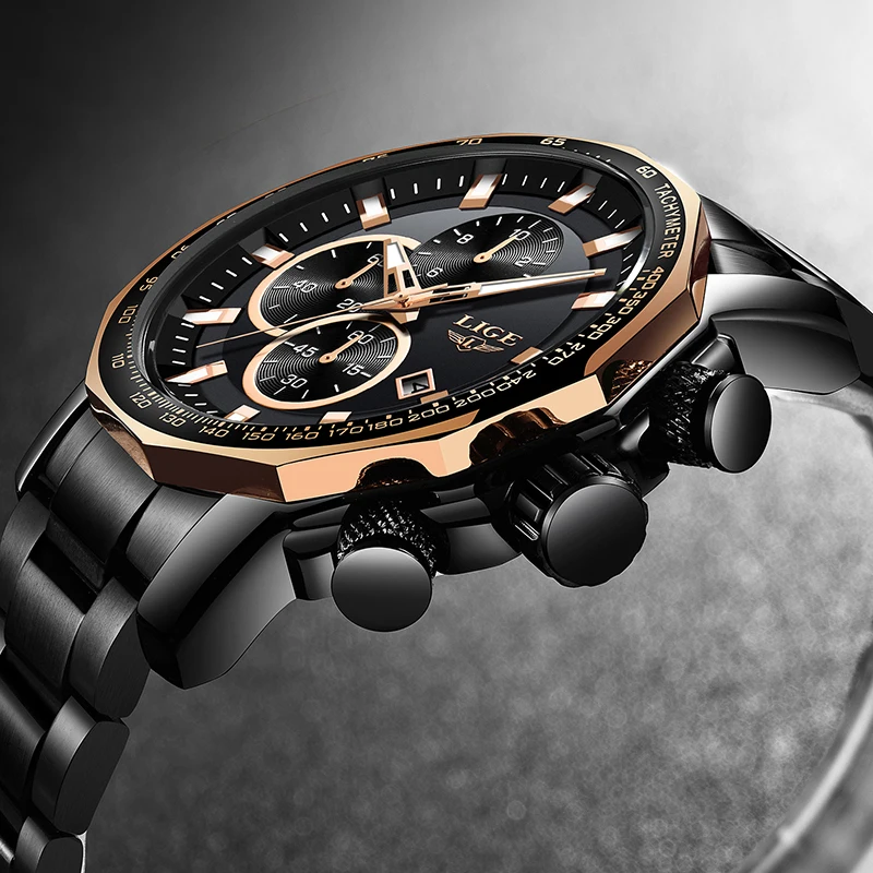 LIGE New Mens Watches Top Brand Luxury Full Steel Sport Chronograph Quartz Clock Waterproof Big Dial Watch Relogio Masculino+Box