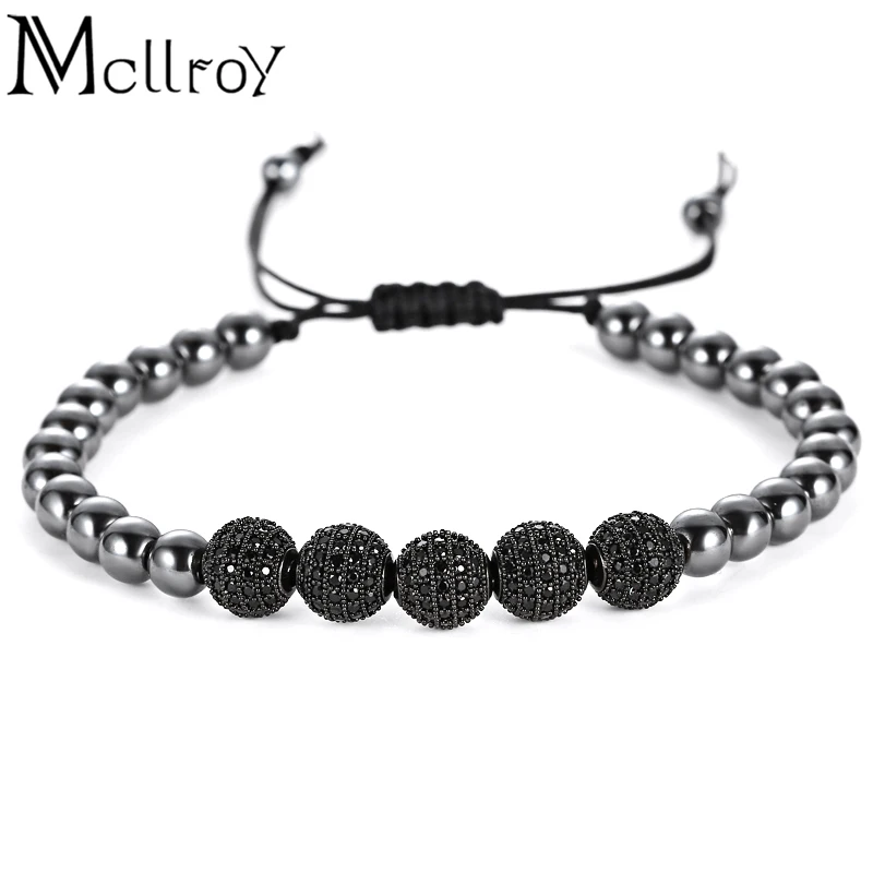 Mcllroy & Bangles Braiding Macrame Men Bracelets Pave Black 8mm CZ Ball Connector Jewelry & 6mm Titanium Steel Bracelets