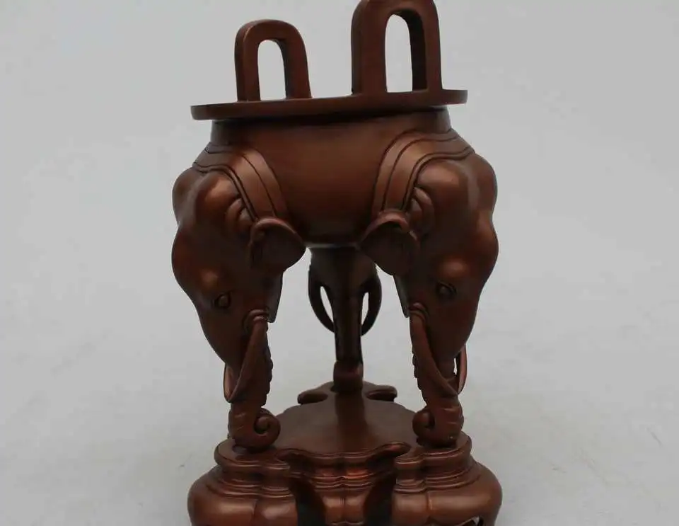 

8" China Scarce Royal Pure Bronze Copper Art Three Elephant Incense Burner Cense