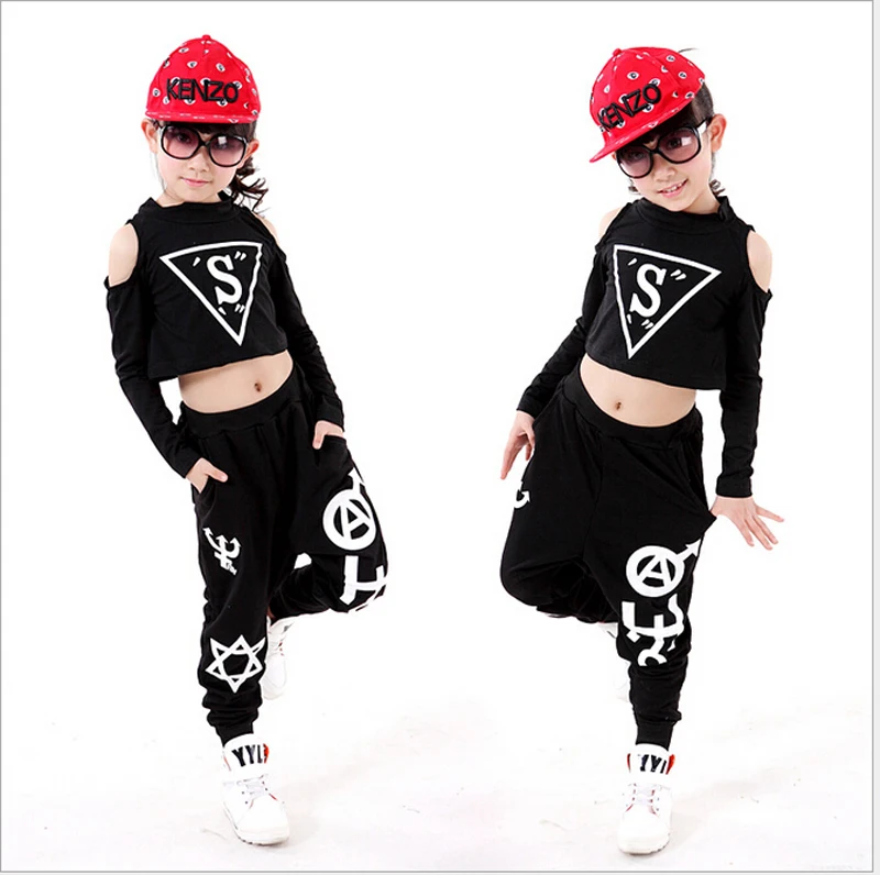 Free shipping children girl long sleeved black Hip Hop hiphop DS Jazz Dance Costumes clothes T shirt  Leotard Harem Pants