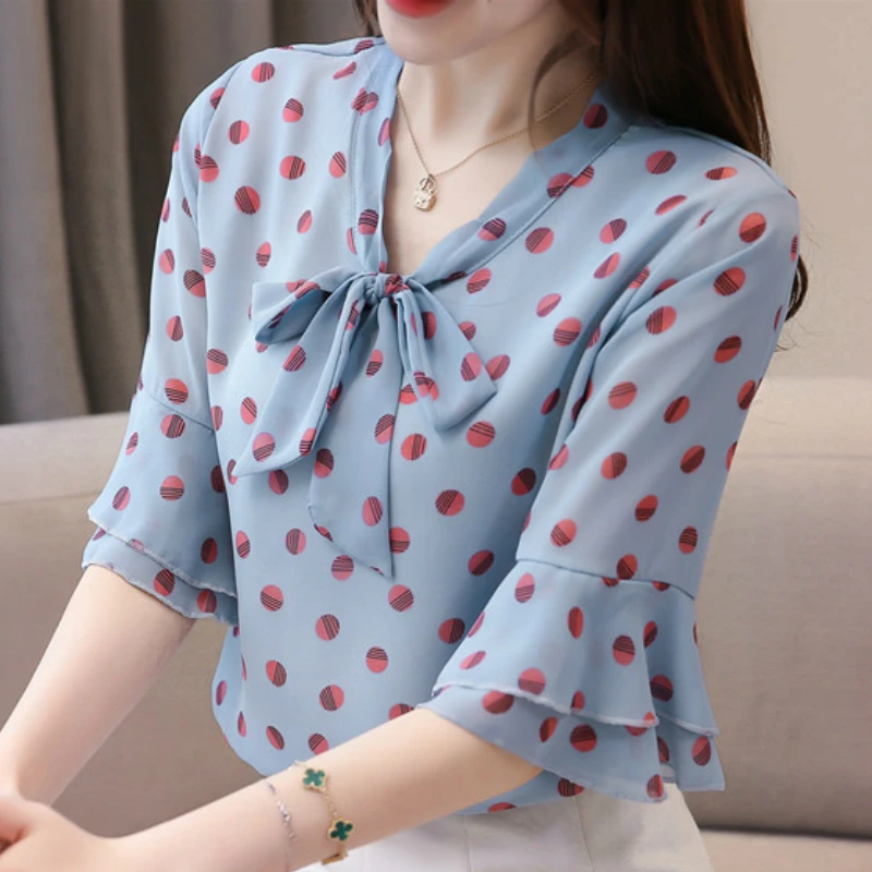 Blusas Mujer De Moda 2021 с коротким рукавом в горошек и бантиком рисунком шифоновая блузка