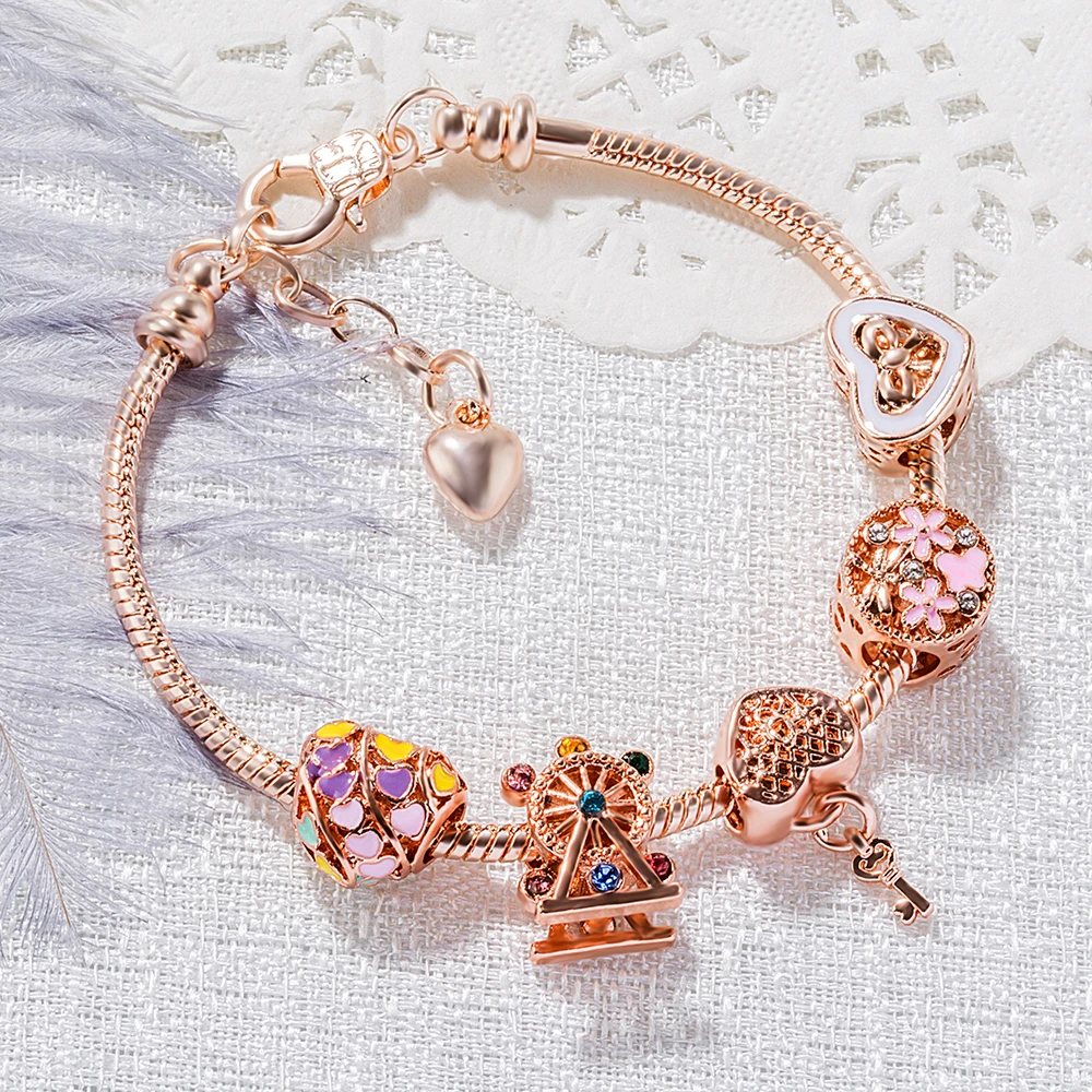 

11 Style DIY Bracelets Charms Lucky Beads Women Bangles Rose Gold Snake Chain Bracelet Crystal Peach Robot Key Heart Pink Girls