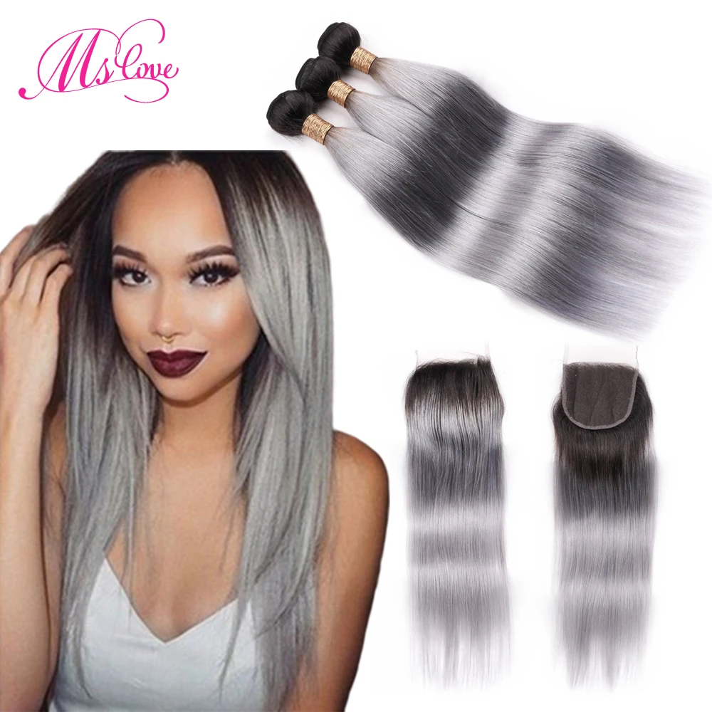 

Pre Colored Ombre Grey Hair Bundles With Closure Straight Remy Brazilian Human Hair Bundles With Closure 4x4 Lace Ms Love