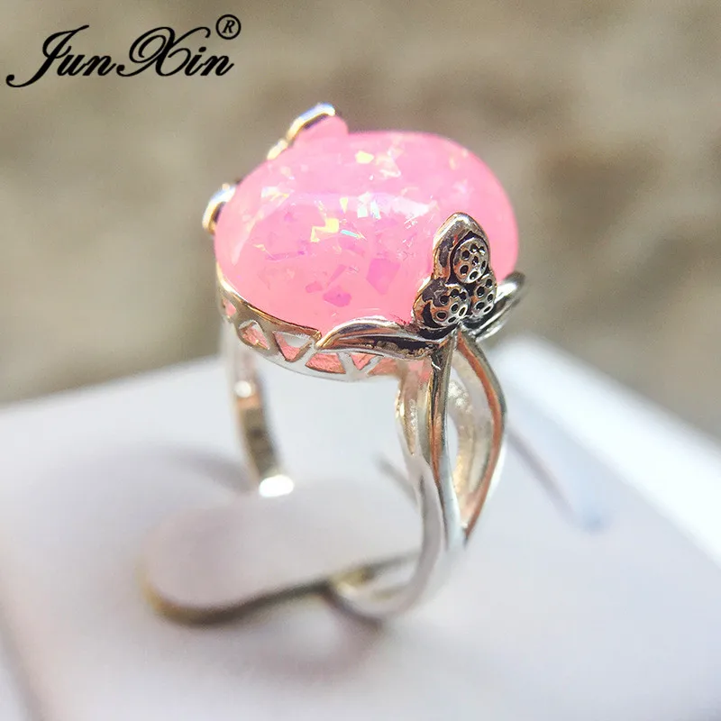 JUNXIN роскошный большой камень женский мужской кольцо синий/розовый/белый огненный опал кольца для мужчин и женщин античный серебряный цвет Пары обручальное кольцо