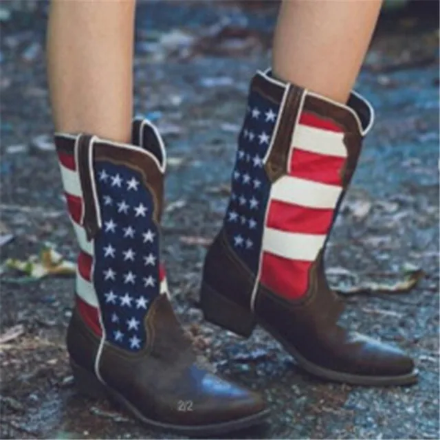 Women American Flag Pointed Toe Spring Western Cowboy Boots Ladies Punk