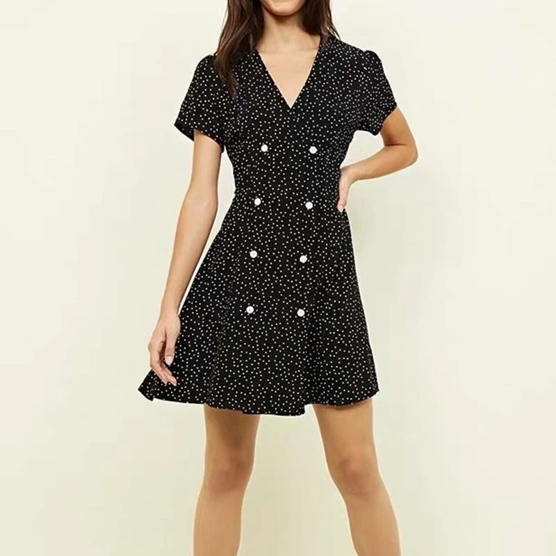 

Summer style beach dress Women 2019 robe print vestido button V-neck Sexy Twill heel wavy double breasted dress Womens Dresses