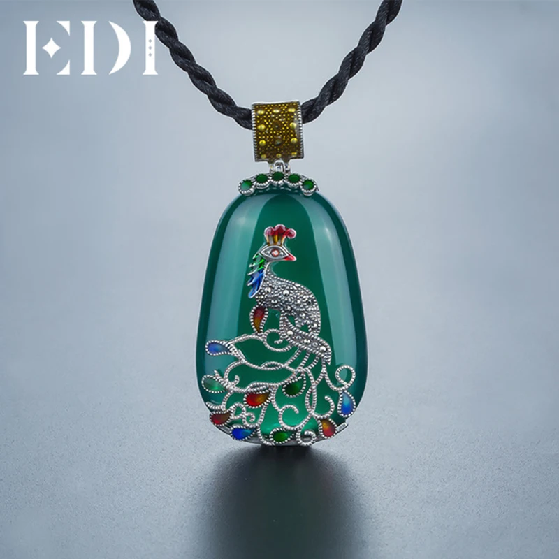 

EDI Women/Men Vintage Agate Gems Long Pendants Necklaces Retro 925 Sterling Thai Silver Cord Peacock Figure Large Cloisonne D394