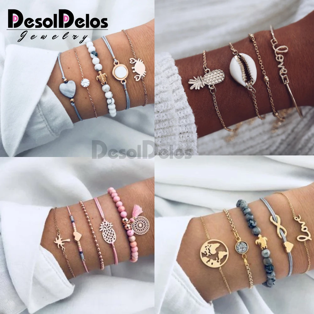 

Bohemian Shell Letter Bracelets Set For Women Girl Chain & Link Pineapple Bracelet & Bangles Charm Female Jewelry 4Pcs/Set