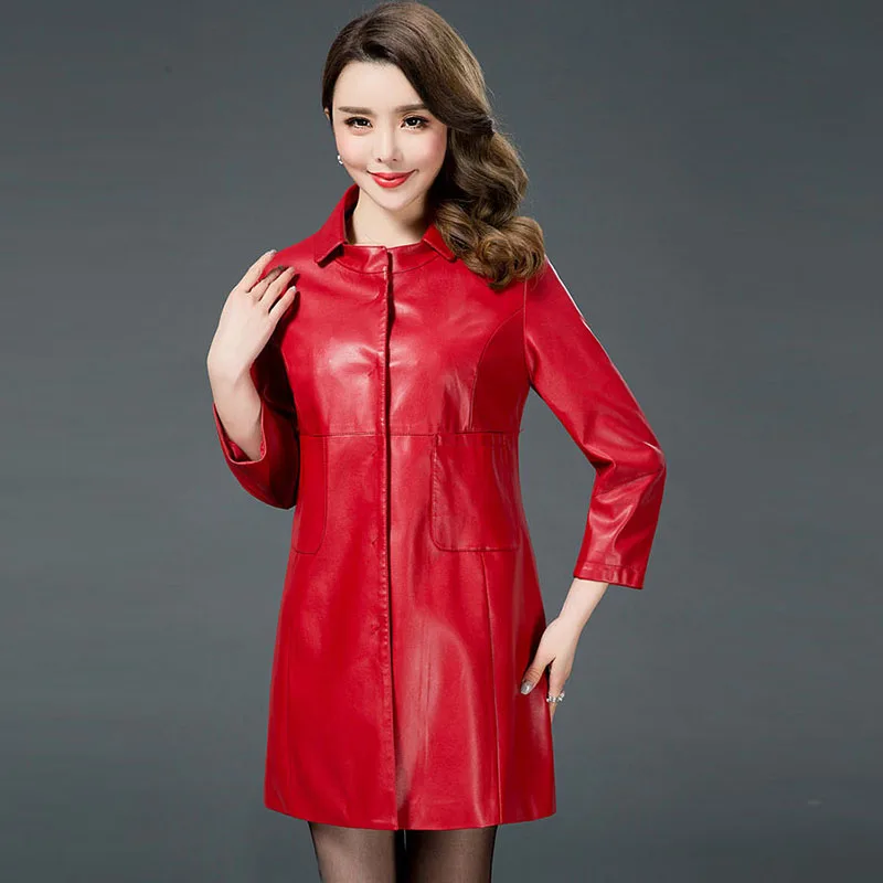 Long Leather Coats Female 2017 Autumn winter font b Women s b font Leather slim font