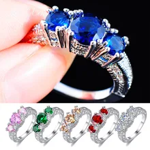 Модное кольцо на палец с голубым/зеленым/красным/белым/фиолетовым камнем, заполненное серебром 925 пробы, обручальное кольцо для женщин