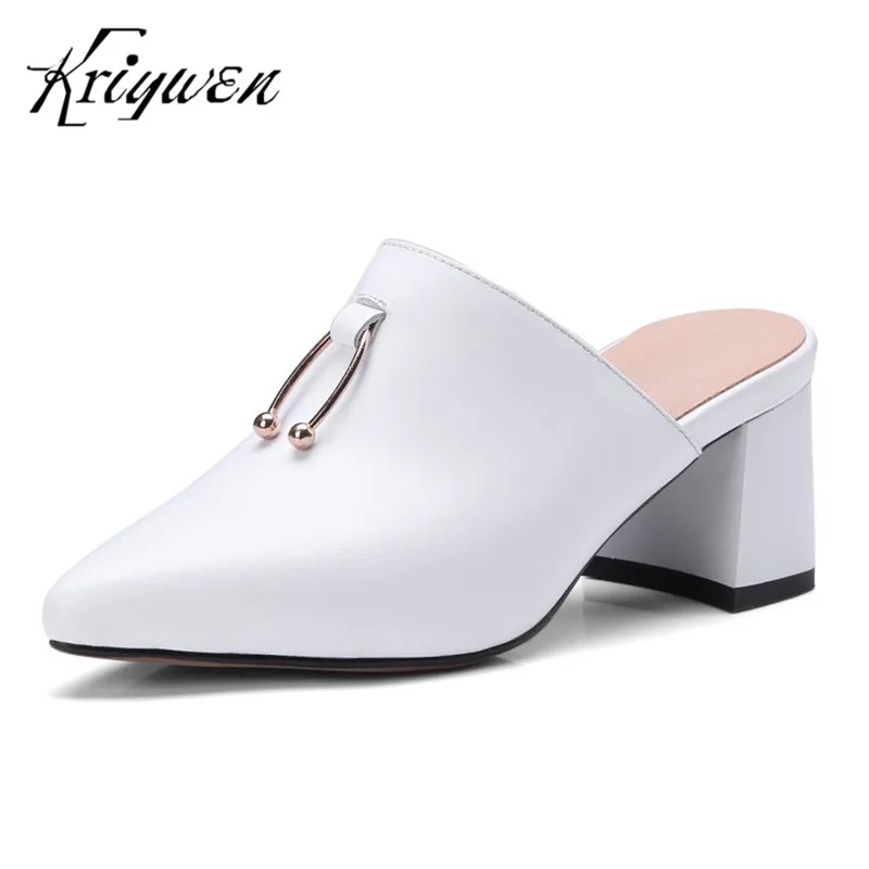 

Kriywen Woman Fashion Brand Mules Genuine Leather Women Casual Shoes Leisure Chunky Heels Cow Muscle Party Shoes Plus Size 33-42