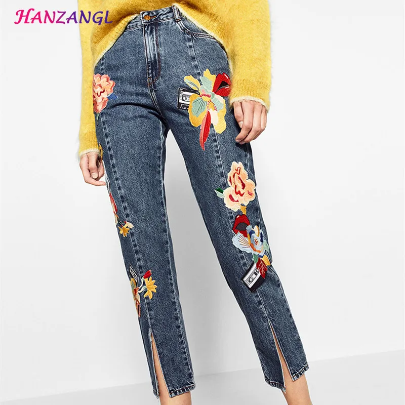 

HANZANGL Vintage Floral Embroidery Demin Jeans Pencil Pants High Waisted Cropped 100% Cotton Woman Jeans Front trousers Fork