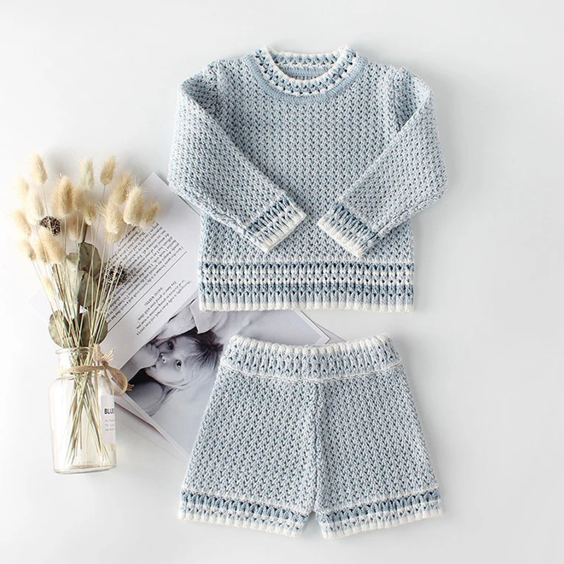 Комплект для маленьких девочек и мальчиков, трикотажный пуловер из 2 предметов+ шорты, вязаный шерстяной костюм одежда с длинными рукавами для новорожденных