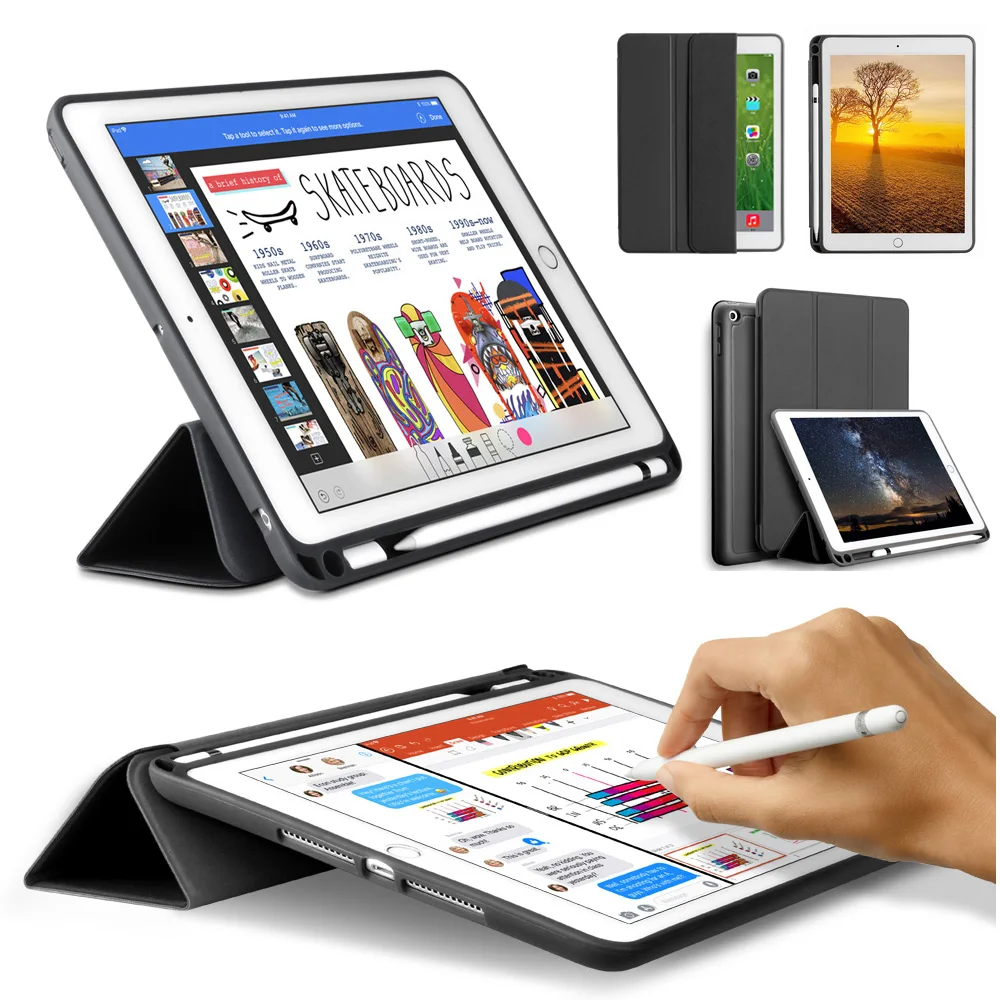 For iPad Air 2 Case with Pencil Holder PU Leather Flip Tri fold Stand