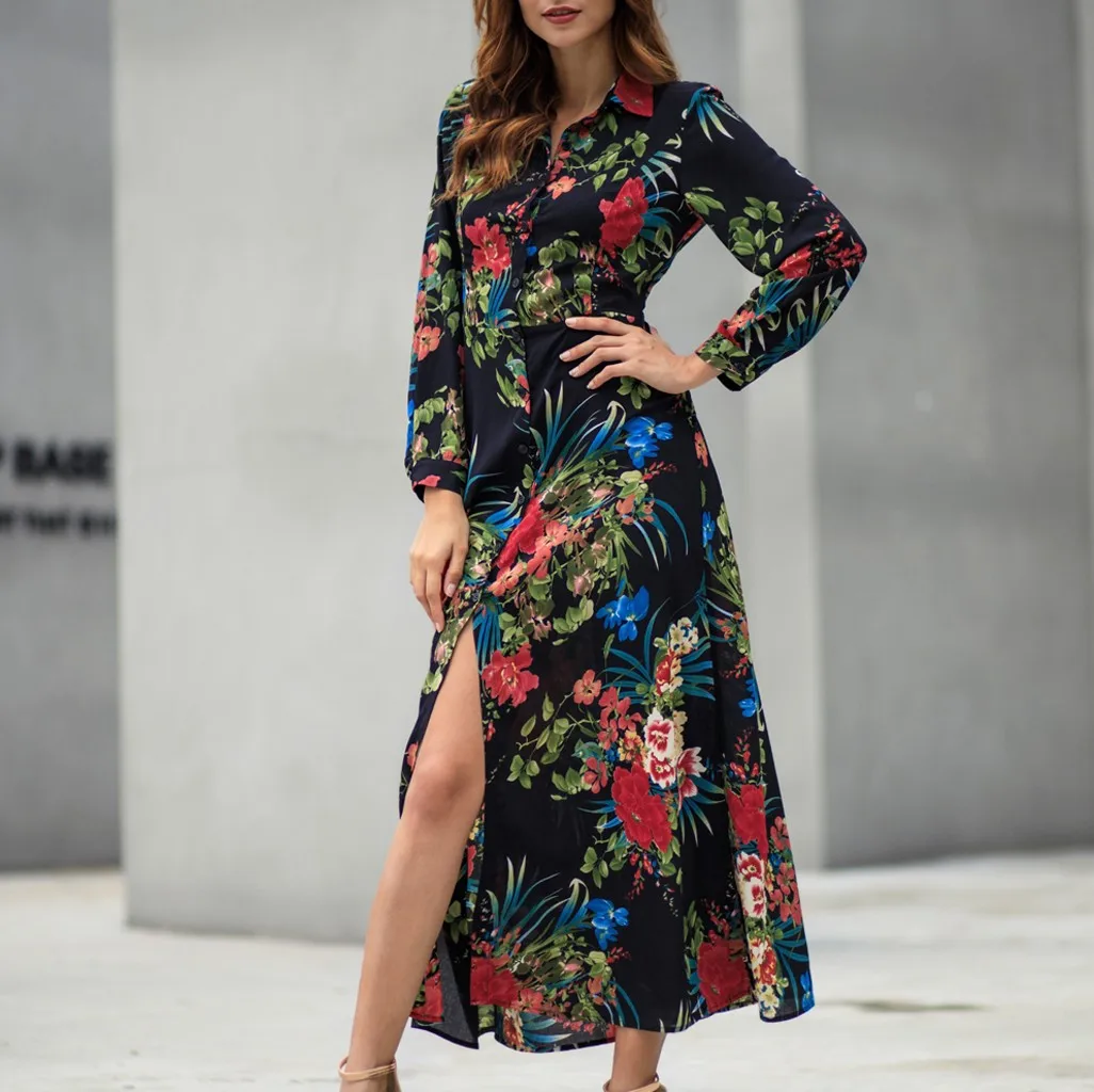 

KANCOOLD Dress Women Fashion Standing Collar Leisure Long Sleeve Bohemian Print Dress A-Line new Casual Dress women 2018DEC12
