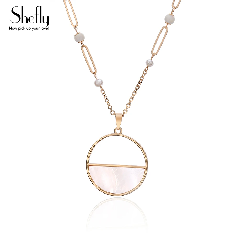 

Natural Shell Necklaces & Pendants Round Pink Color Shell Pearl Beads Chain Long Necklace for Women DIY Fashion Jewelry