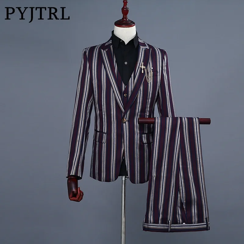 

PYJTRL Brand Men's Three Piece Stripe Groomsmen Wedding Dinner Suits Slim Fit Clothes 3 Pcs Suits Costume Homme Tuxedo Suit Men