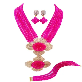 

Fashion Hot Pink Multi Strands Statement Necklace Nigerian Wedding African Beads Jewelry Set Crystal 5-LDH08
