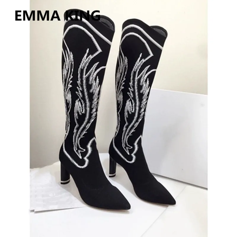 

2019 Embroidered Block Heel Knee High Boots Women Pointed Toe Sexy High Heels Ladies Autumn Winter Shoes Woman Stretch Sock Boot