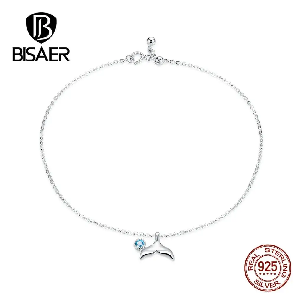 

BISAER Fashion Mermaid Tail Pendants Female Anklets Foot Jewelry 100% 925 Sterling Silver Ankle For Women Leg Chain GXT004