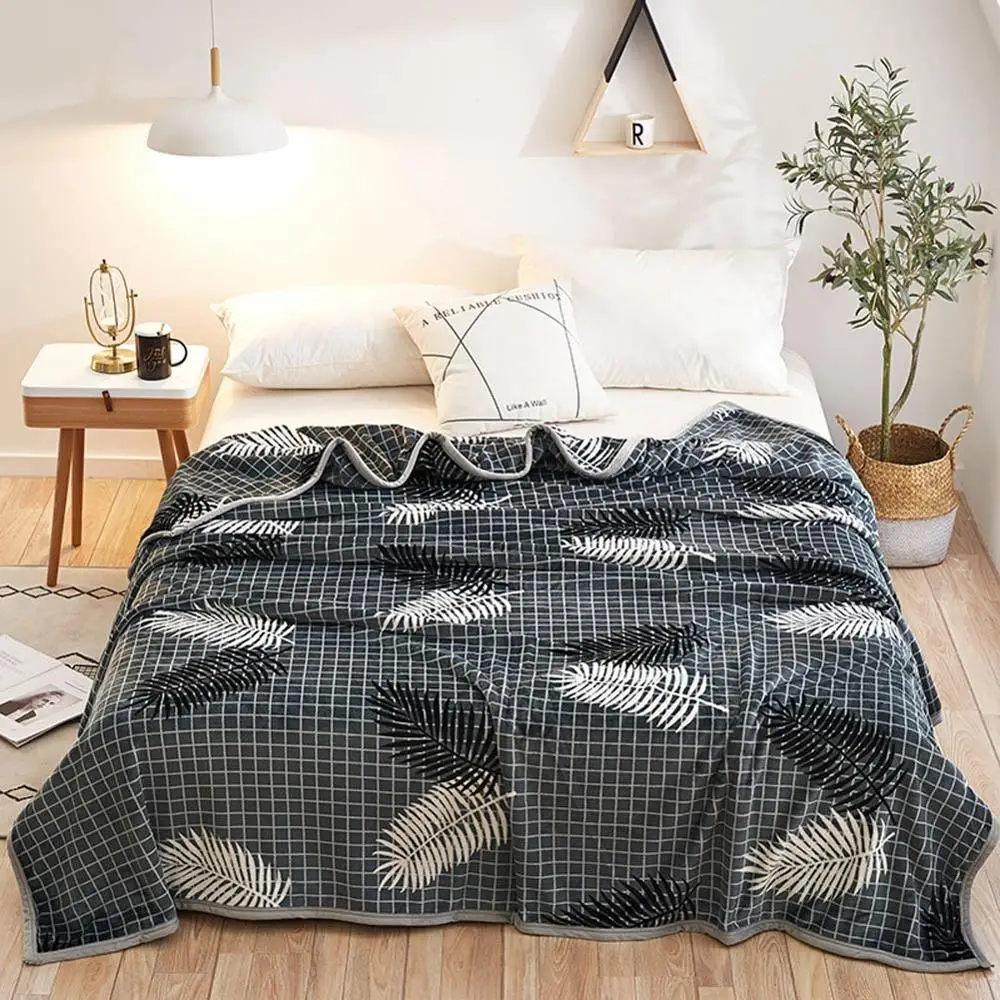 

2019 Grey Leaves INS Plaids Soft Print Double-side Blankets Throws Flannel Fleece Microfiber Plaids Bedsheet Polyester