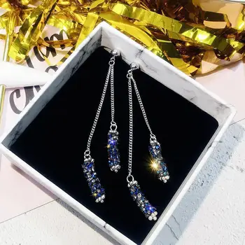Korea Creative Blue Inlay Rhinestone Tassel Earrings Long Shiny Strip Crystal Pendant Geometric Earrings Luxury Accessories