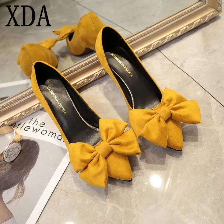 XDA/ г. новые женские замшевые туфли с острым носком и бантом модные повседневные туфли-лодочки на высоком каблуке без застежки женские тонкие туфли