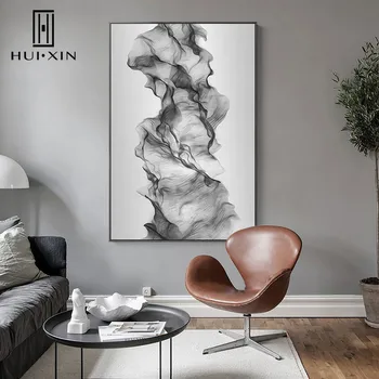 

Imagism HD Oil Canvas Painting Modern Minimalism in White and Black Floating Ribbon Spreading Ink Decor for Rooms Entrance Hall