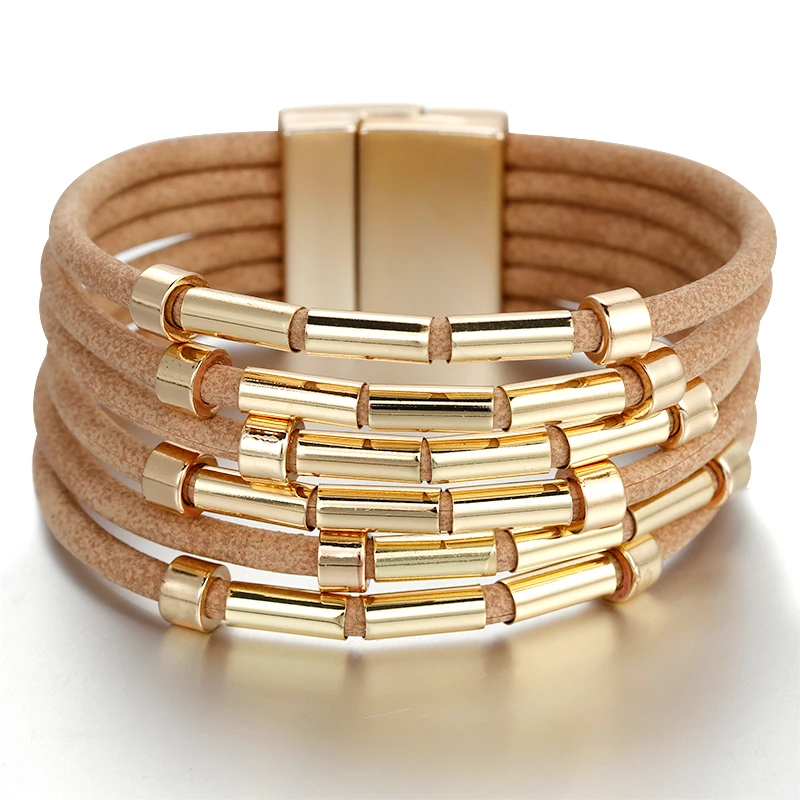 

ALLYES Leather Bracelets For Women 2019 Metal Charm Ladies Boho Multilayer Wide Wrap Bracelet Femme Jewelry Girlfriend Gift