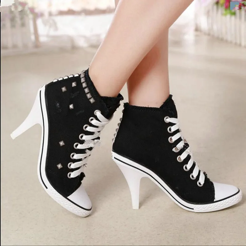 Women Canvas Shoes Denim High Heels Rivets Shoes Fashion Shoe Laces Sneakers Women Short Women's Pumps black blue